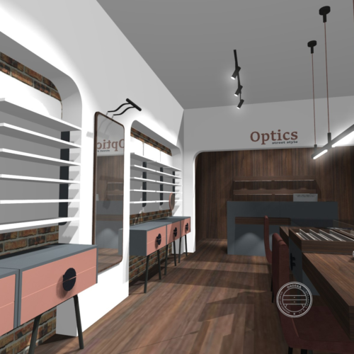 Modern optical store interior with eyewear display furniture
