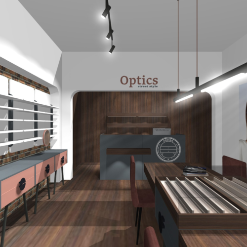 Boutique eyewear salon design with modular display shelves