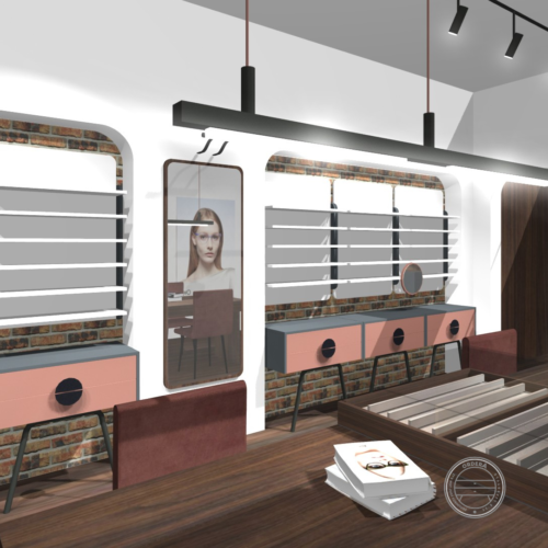 Premium optical interior concept with wood finishes and integrated lighting