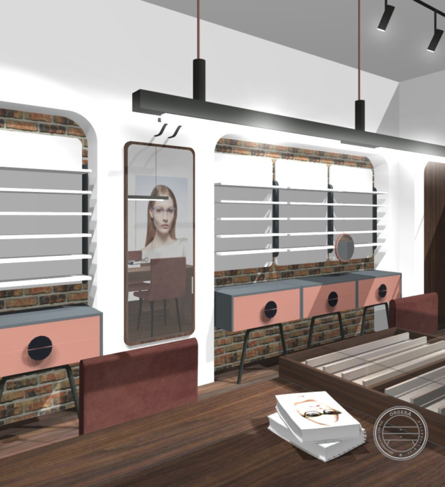 Boutique 1-6 Premium optical interior concept with wood finishes and integrated lighting