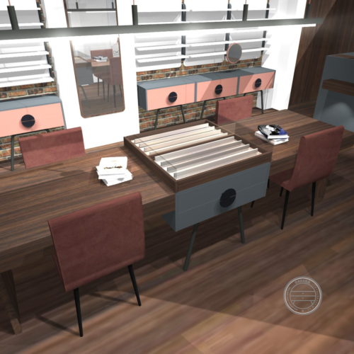 Premium optical boutique interior with modular eyewear displays and consultation area