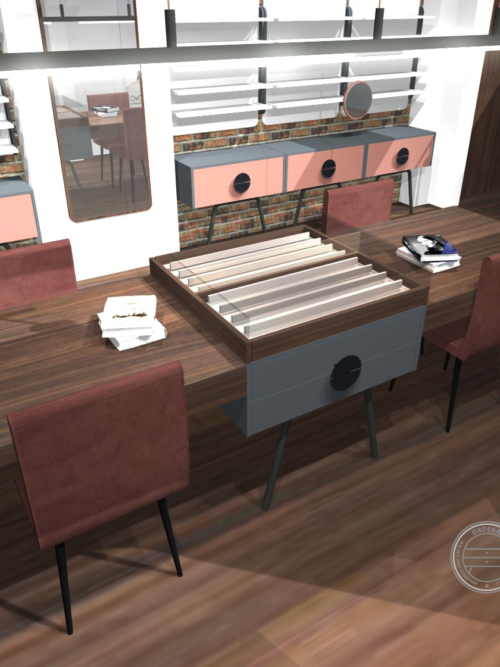 Premium optical boutique interior with modular eyewear displays and consultation area