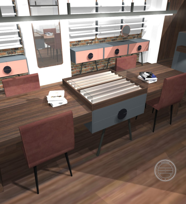 Premium optical boutique interior with modular eyewear displays and consultation area