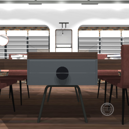 Optical boutique consultation area with display tables and seating